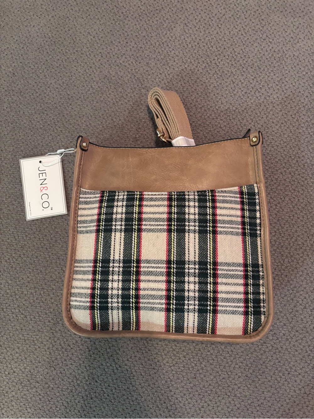 JEN & CO Tan Plaid Crossbody Bag with Adjustable Strap